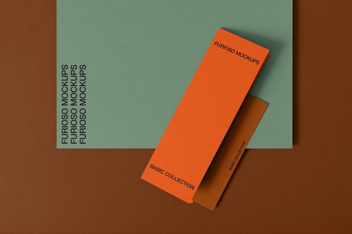 Orange card mockup with printed branding on angled layout with sage green background