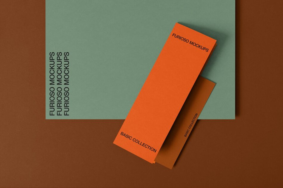Orange card mockup with printed branding on angled layout with sage green background