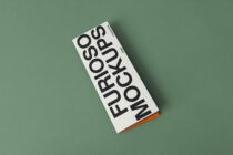 White folded brochure with thick black sans serif type tilted on green background