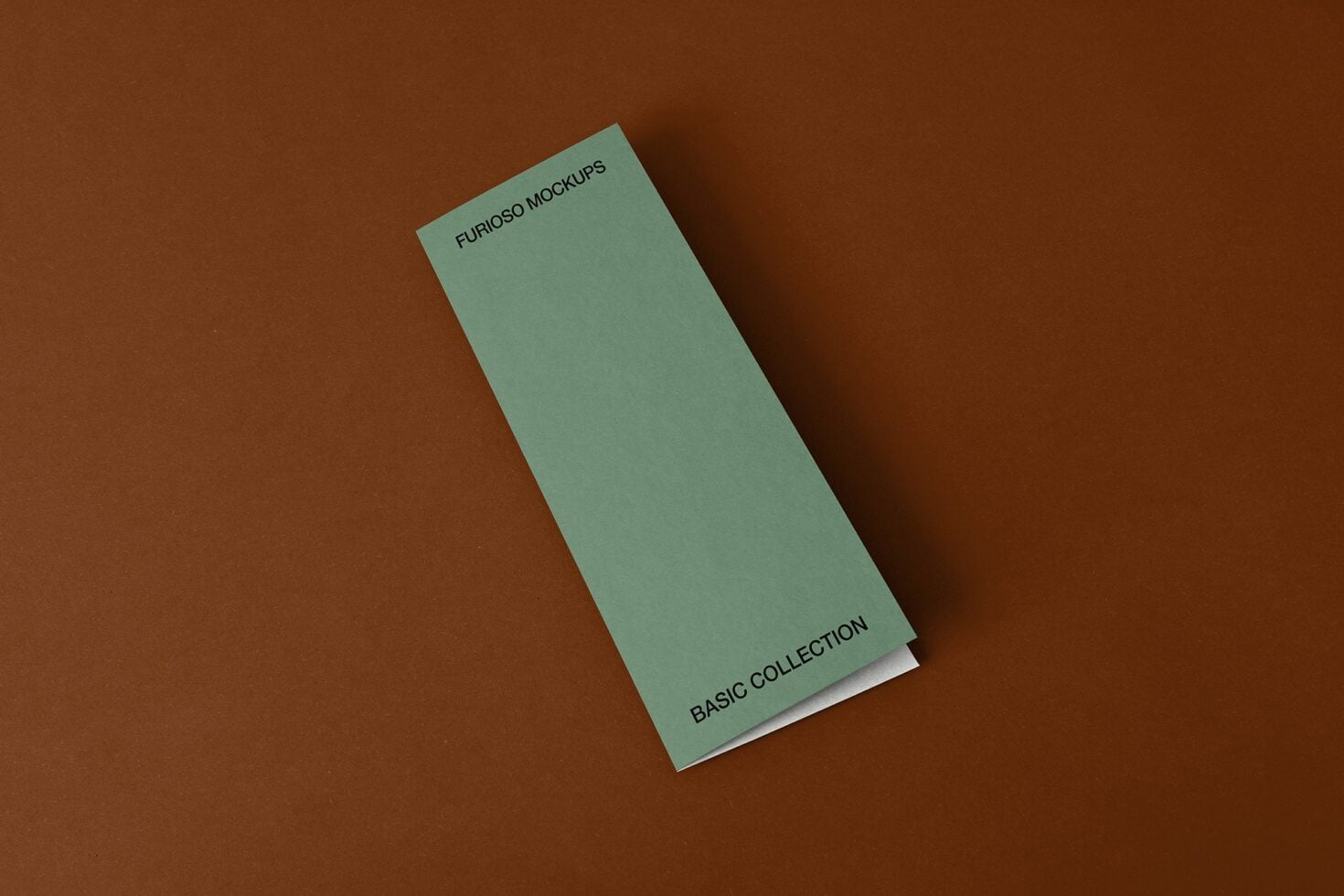 Tall sage green folded brochure with small text on cream base against brown backdrop
