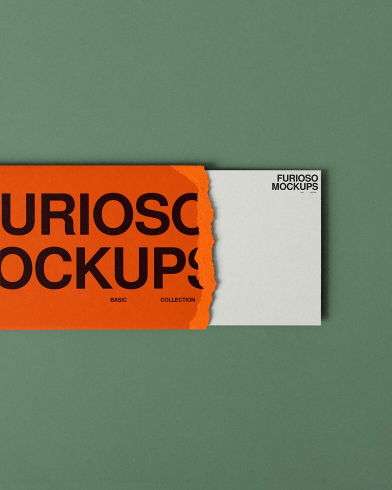 Orange torn paper business card mockup on green background with white card