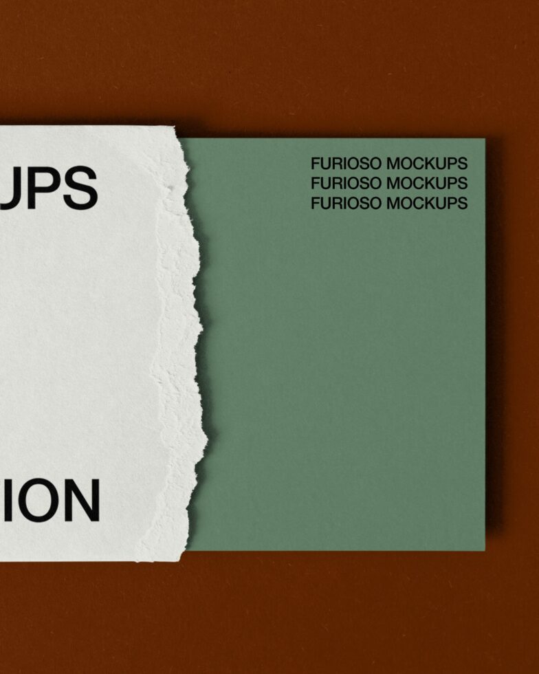 Torn paper mockup showing green card with black typography on rust background