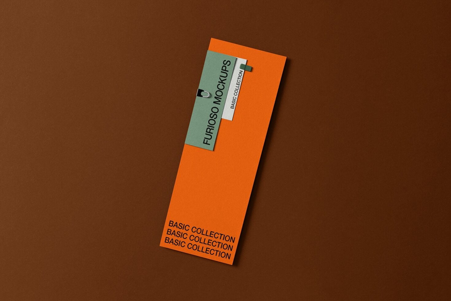 Tall orange card with sage label positioned at top right on brown background