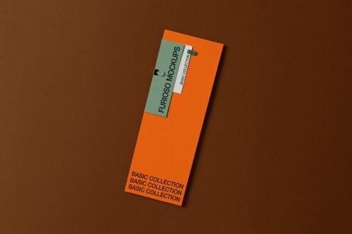 Tall orange card with sage label positioned at top right on brown background