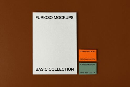 White letterhead with two small colored cards below on brown background