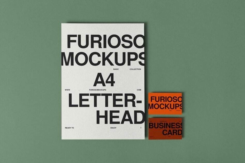 Large white A4 letterhead with orange card detail on sage background