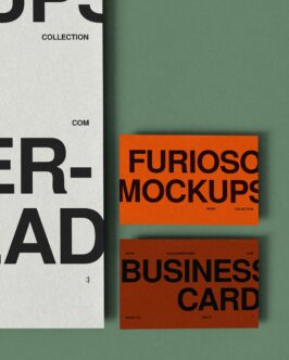 Orange business card mockup with dark text next to printed material on sage background