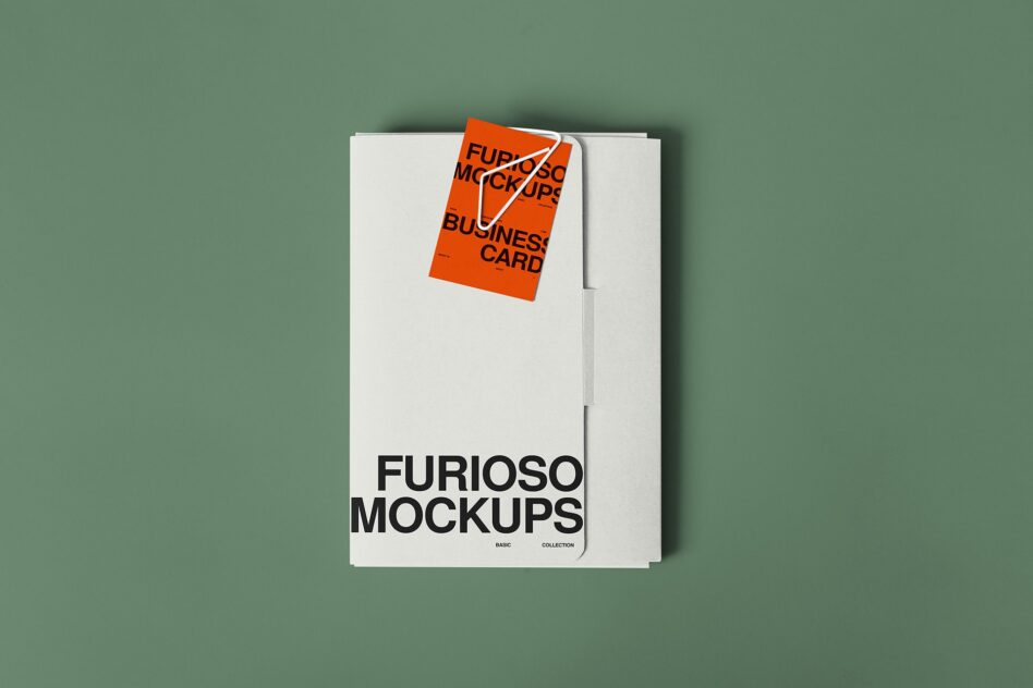 White folder with orange business card mockup on sage green background