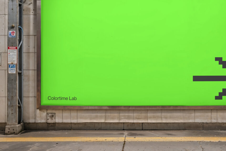 Bright lime green storefront billboard with Colortime Lab text in corner