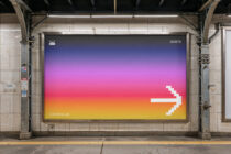 Transit ad with vibrant gradient backdrop moving from blue to yellow tones