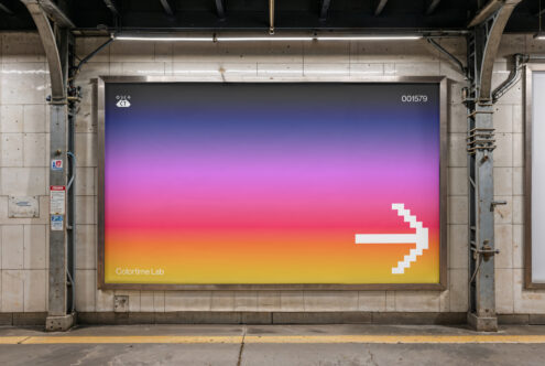 Transit ad with vibrant gradient backdrop moving from blue to yellow tones