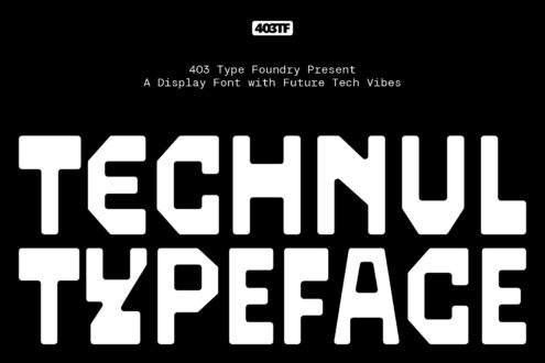 403TF Technul typeface display with futuristic tech aesthetic on dark background