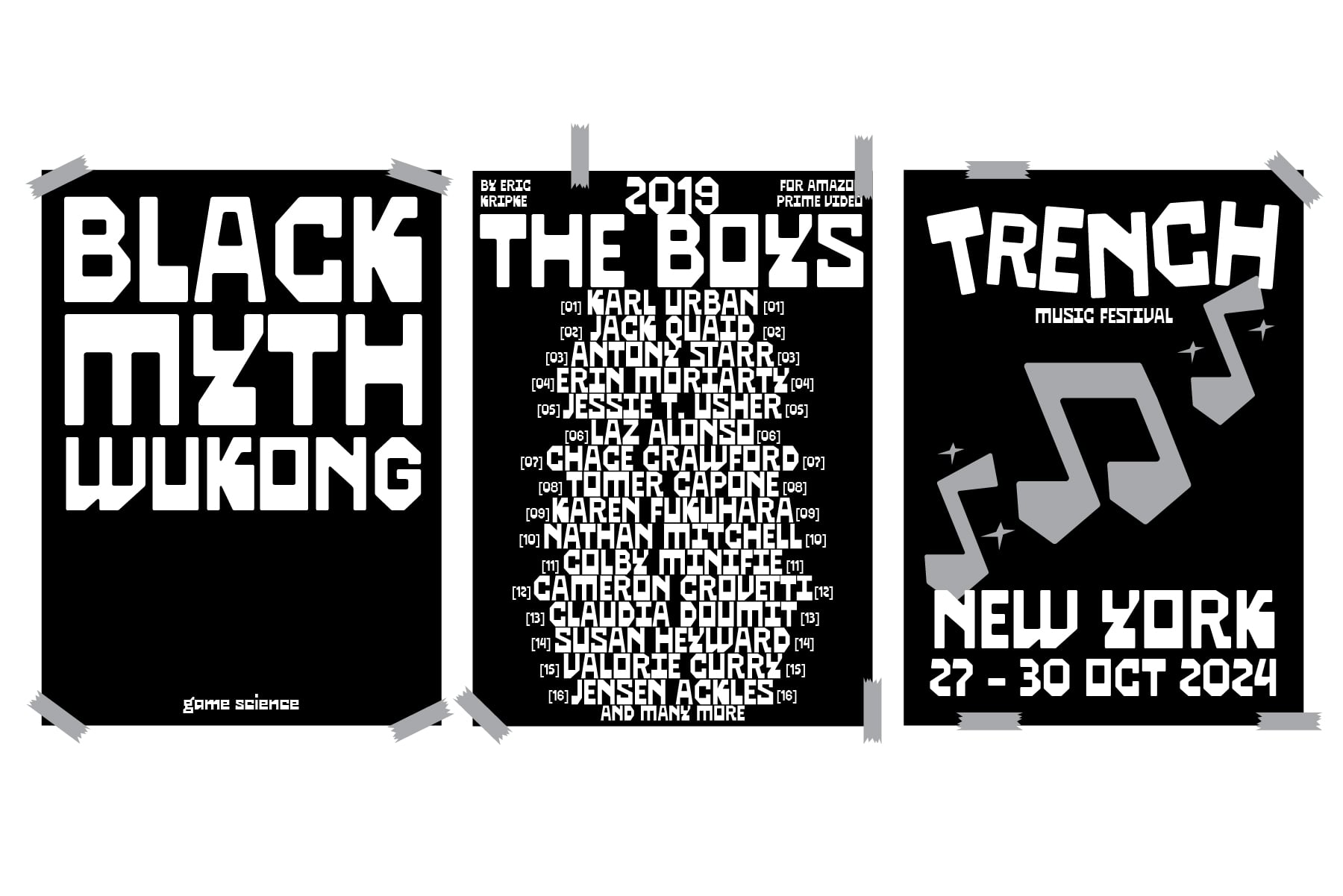 Three event posters stacked together showing Black Myth Wukong, The Boys 2019, plus Trench Music Festival