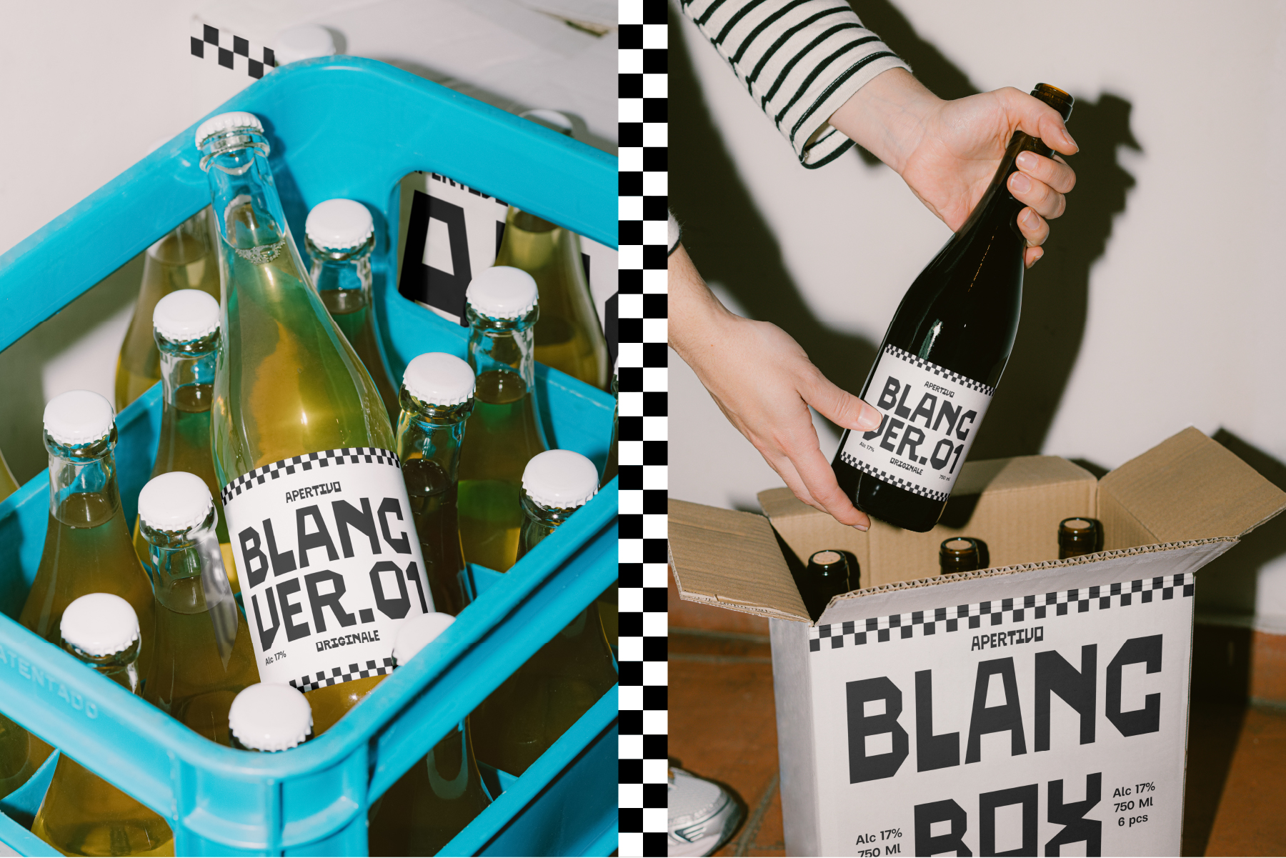Beer bottles in blue crate with checkered label design mockup