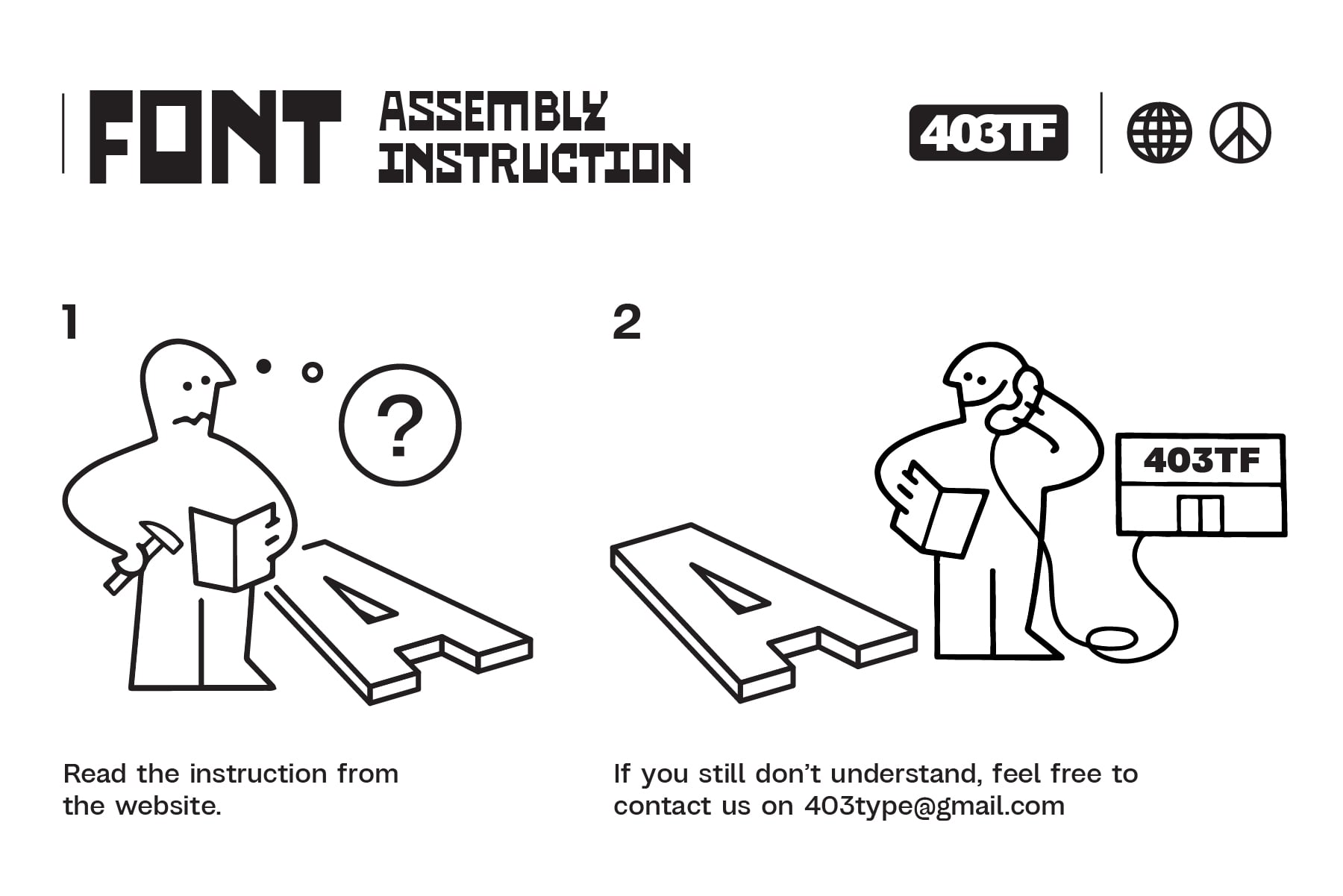 Font assembly instruction comic showing confused person reading docs