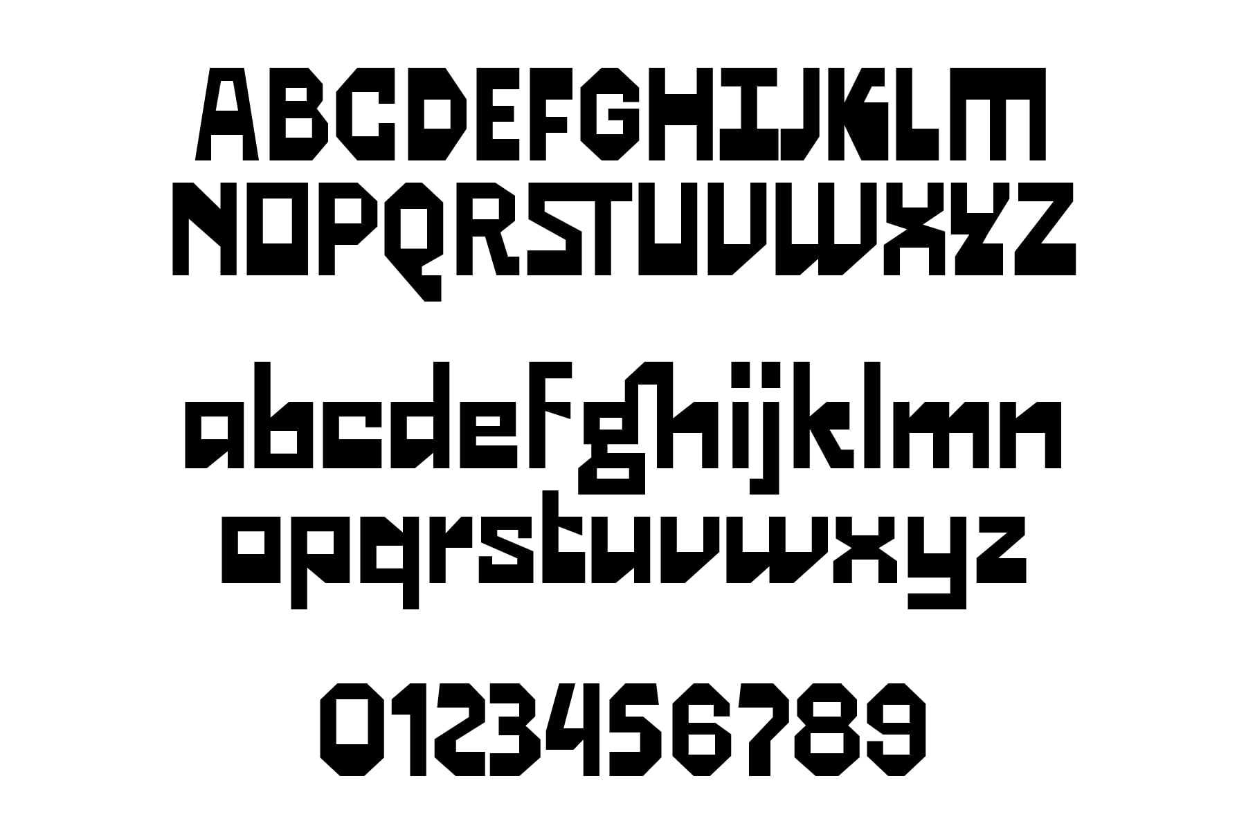 Megideon font uppercase, lowercase, numbers in bold geometric style with sharp corners