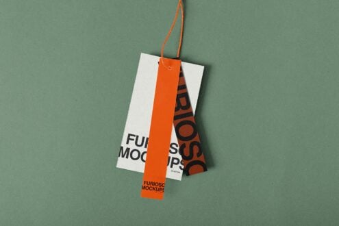 Hang tag mockup with orange ribbon on green background, layered cards