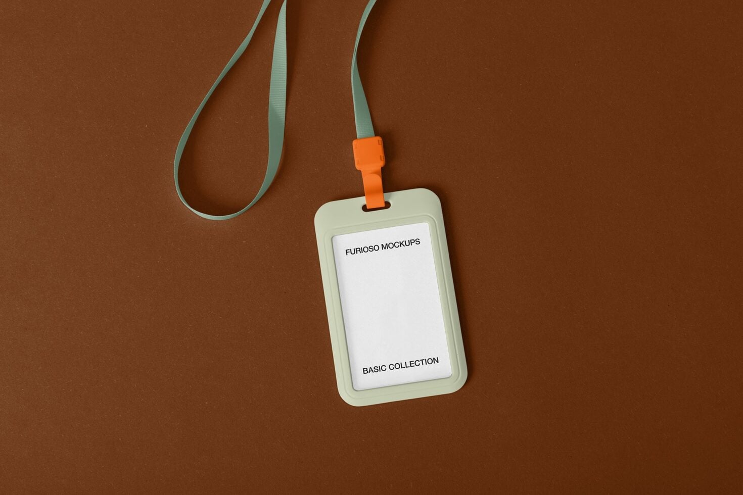 Hanging credential badge with white card on mint rope lanyard against brown background