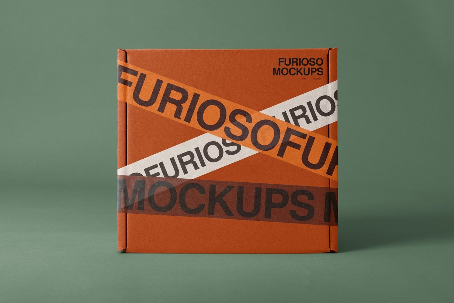 Orange box mockup with white tape diagonal stripe on teal surface