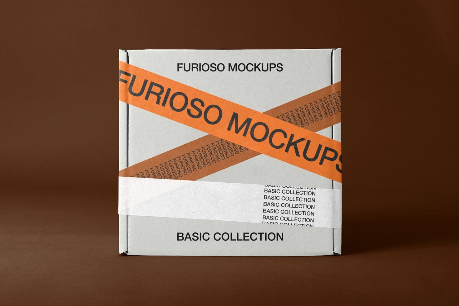 White box mockup with orange tape crossing it against warm brown background
