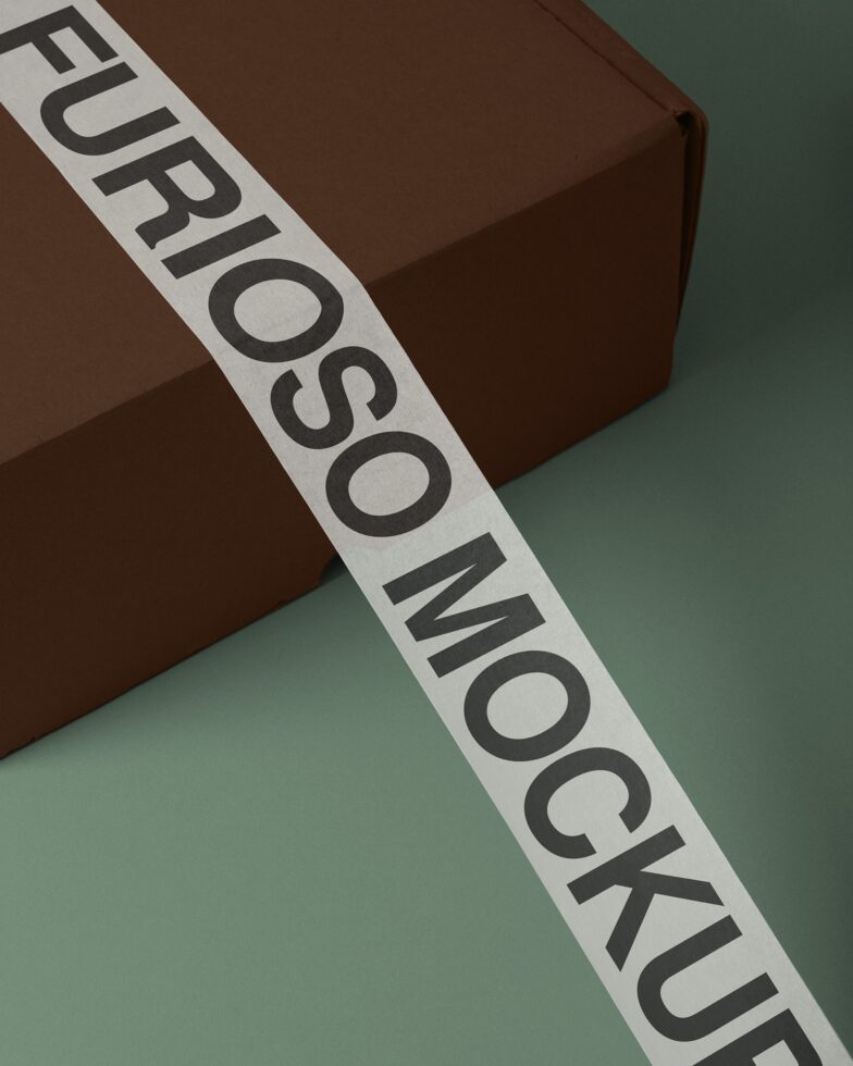 White branded tape with black text crossing brown box on sage green surface
