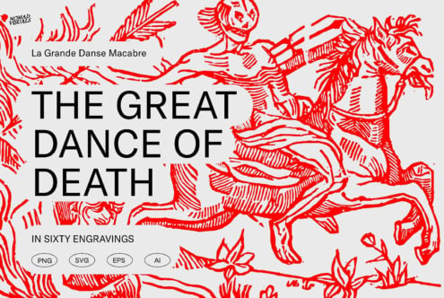 Red line art skeletons dancing around black text reading The Great Dance of Death