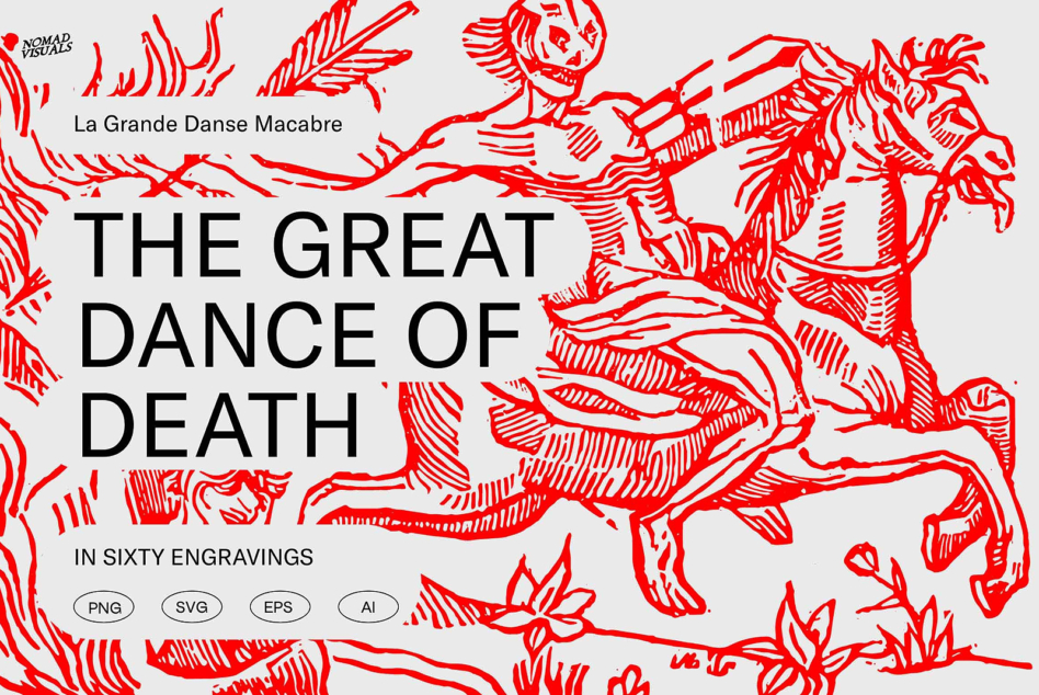 Red line art skeletons dancing around black text reading The Great Dance of Death