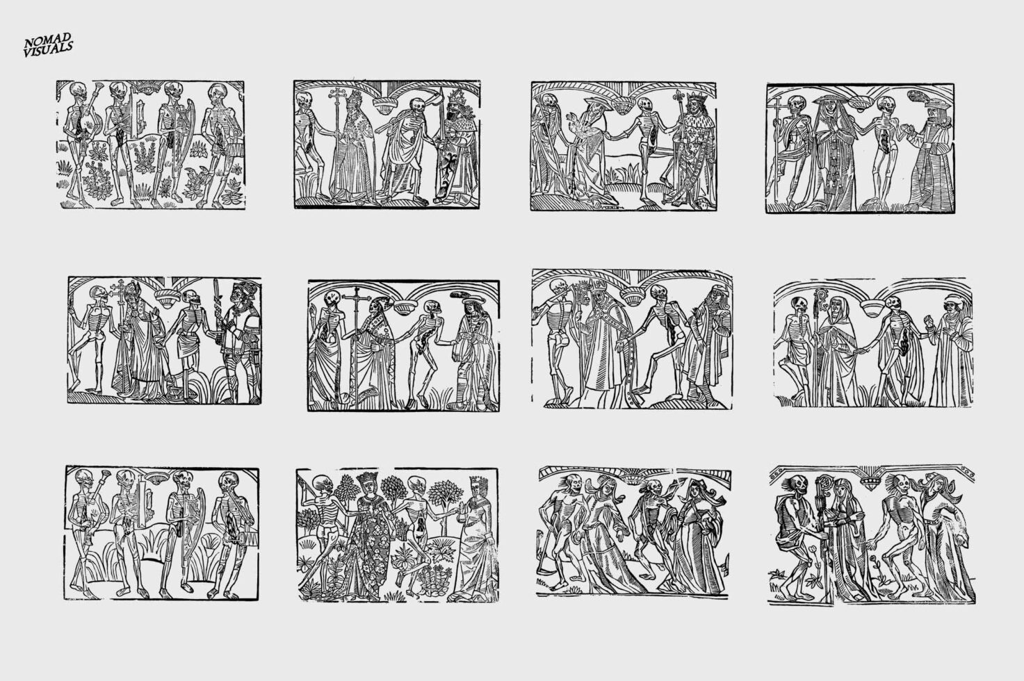 Set of 12 intricate black line engravings showing danse macabre medieval compositions
