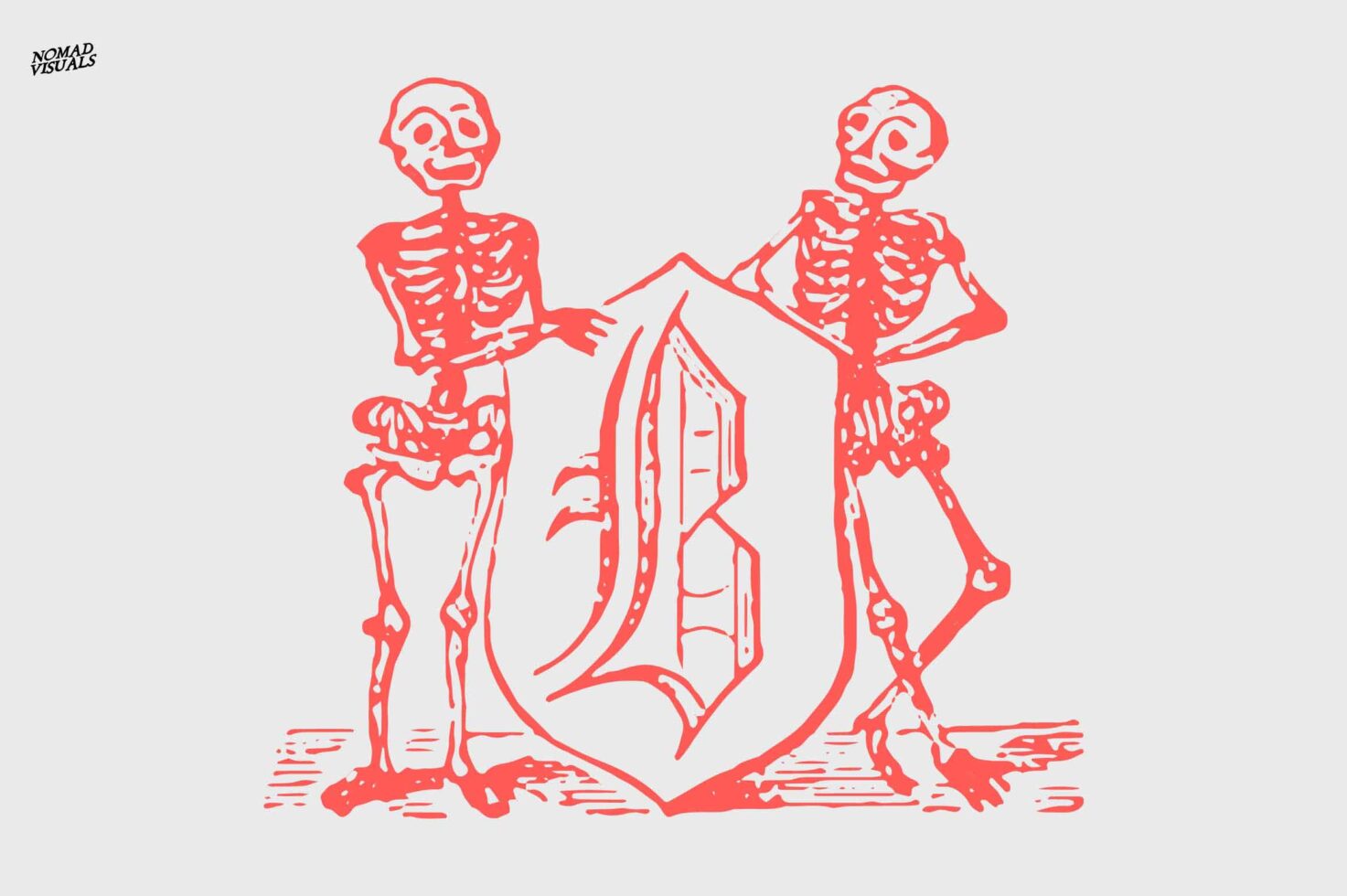 Two red skeleton figures posing on either side of a central heart shape