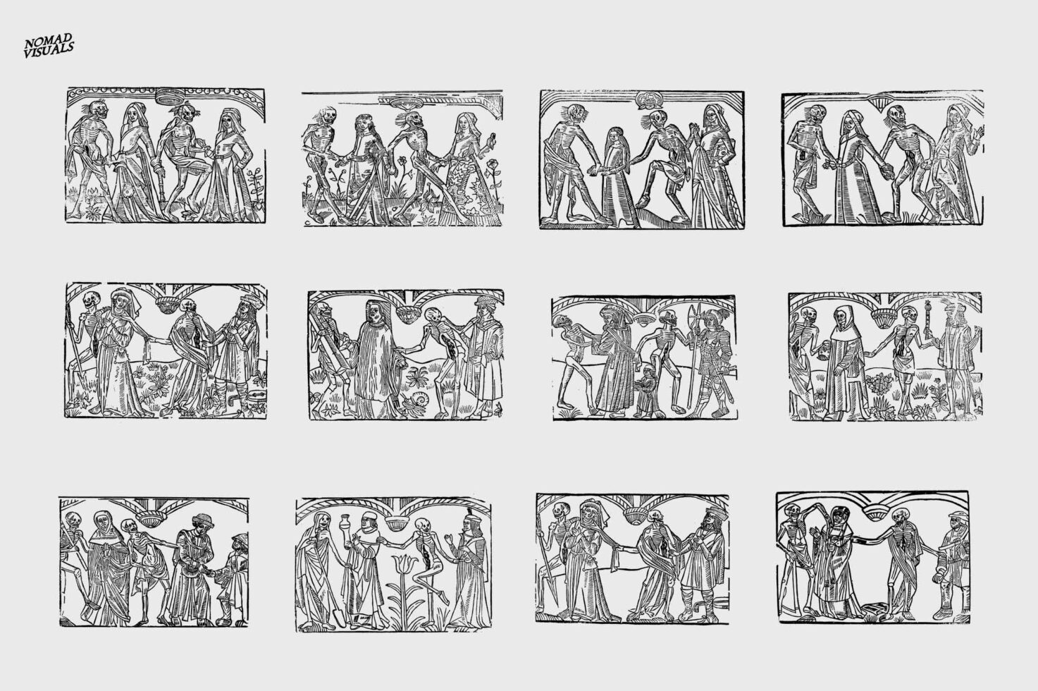 Collection of 12 vintage woodcut panels depicting skeletal figures interacting with people