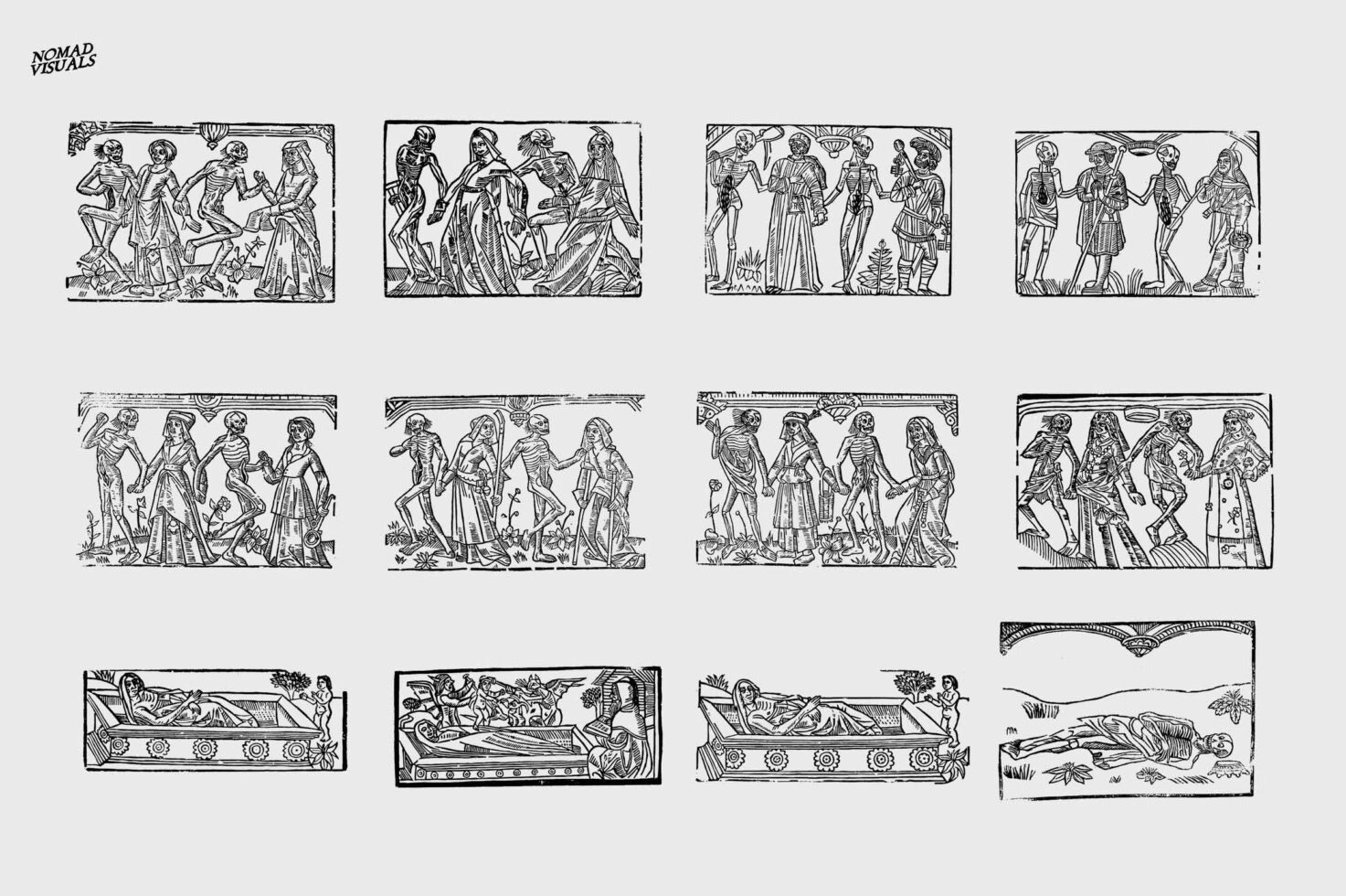 Grid of 12 medieval woodcut scenes showing skeletons dancing with living figures