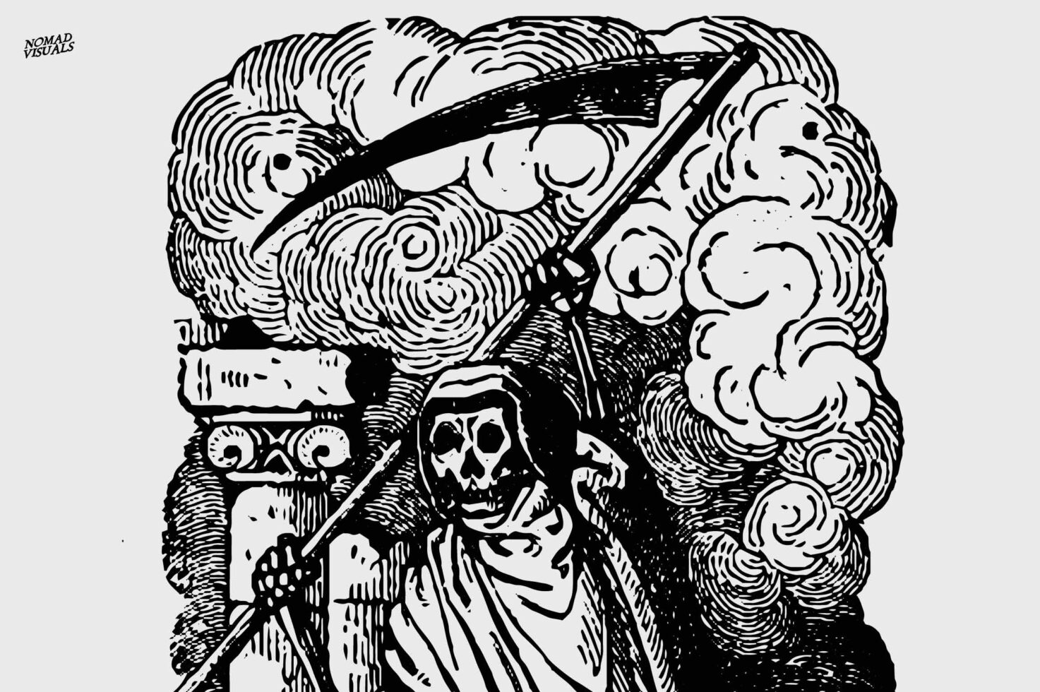 Black engravings of death reaper with scythe, grim figure leading horses, medieval vibes