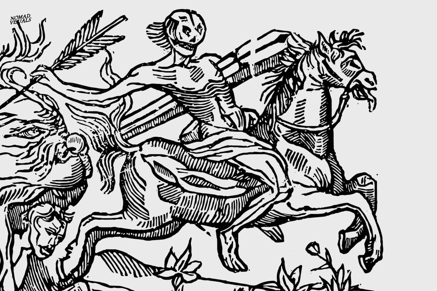 Black line drawing of skeleton warrior on horseback fighting, dynamic action pose