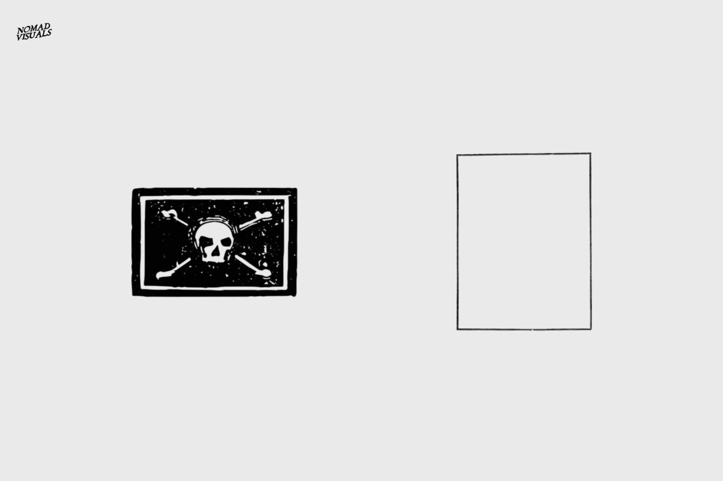 Pirate flag with skull crossbones in black frame, blank rectangle outline on light background