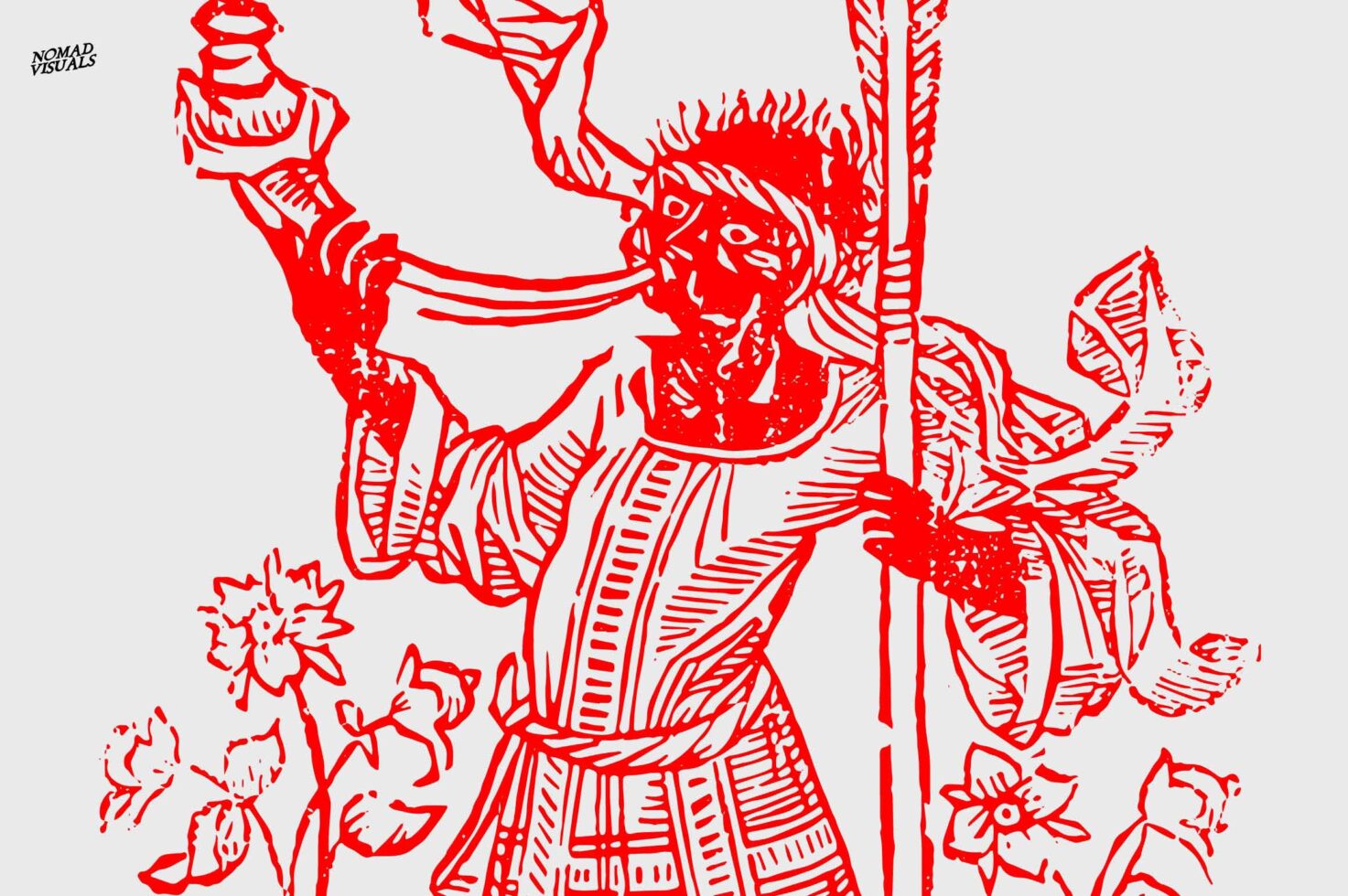 Red line figure holding sword with armor, ornate clothing, surrounded by floral elements