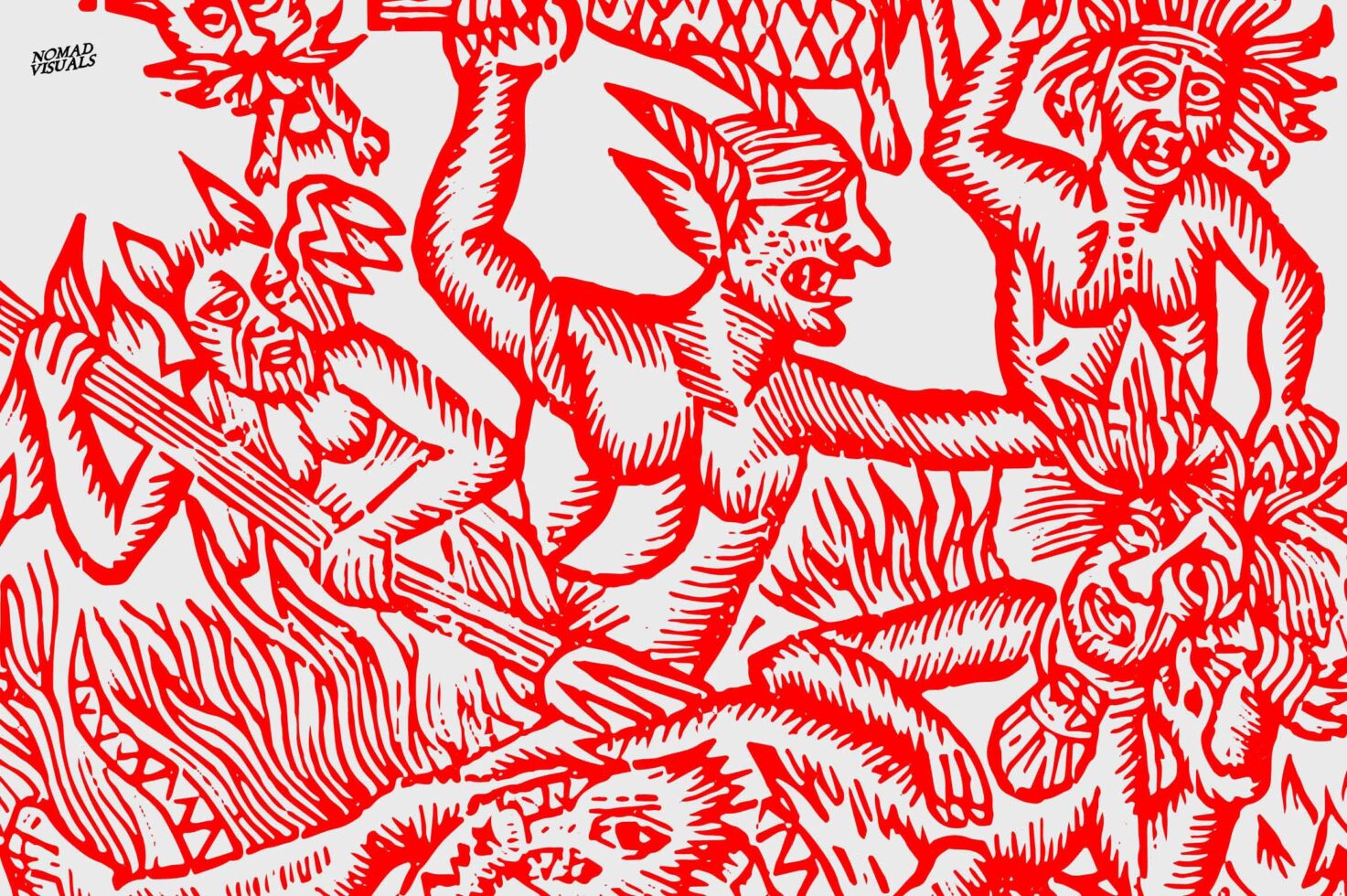 Red line drawing of demons, devils, hybrid creatures with exaggerated limbs packed tightly