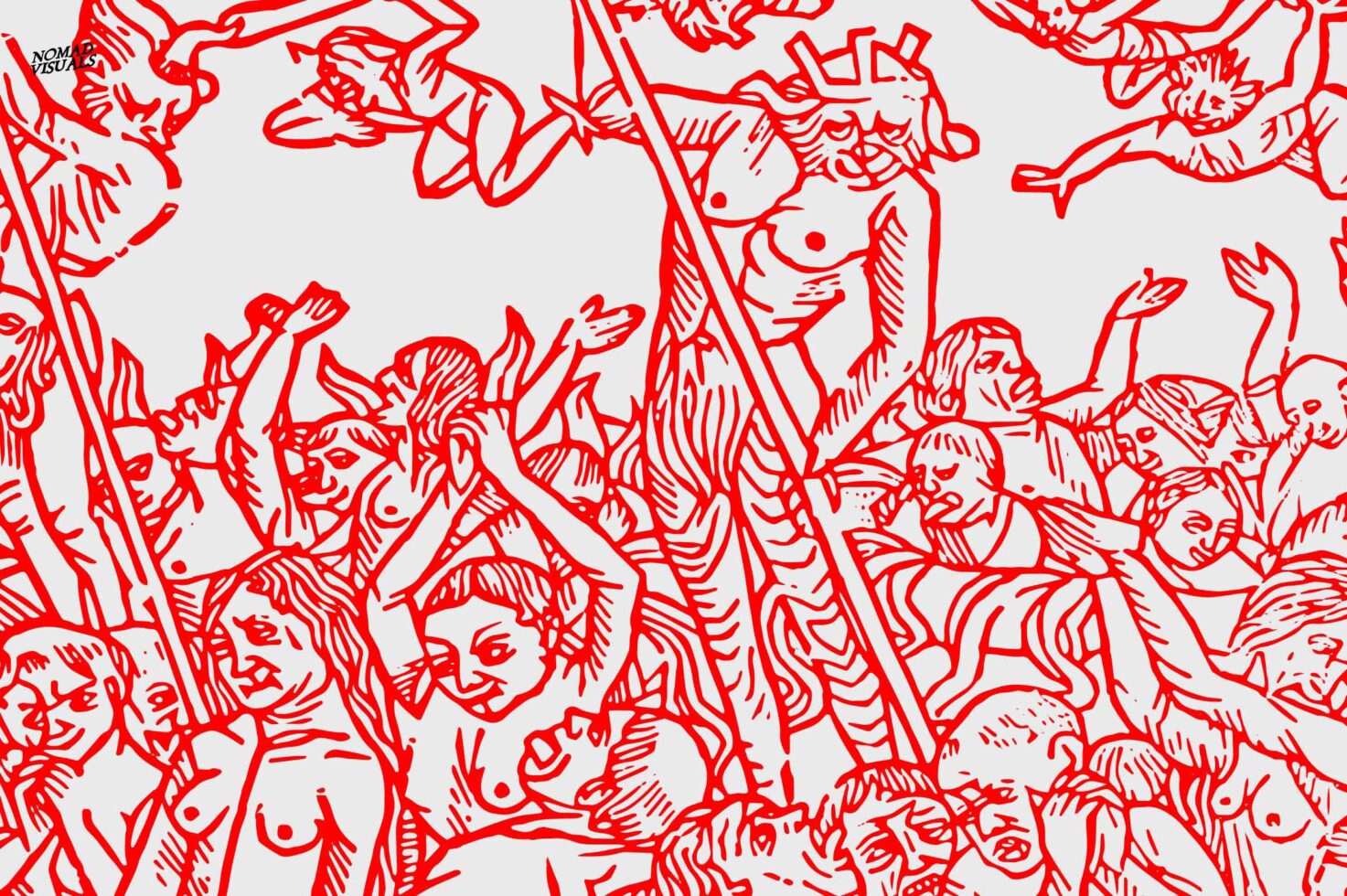 Dense red sketch of intertwined bodies, faces, writhing forms filling entire composition