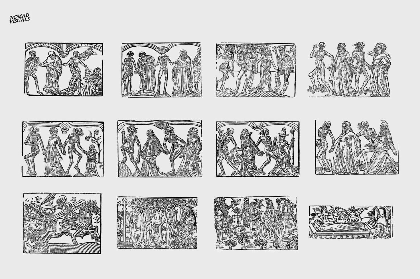 Grid of 12 vintage woodcut scenes showing medieval figures, robed people, dancing, battles