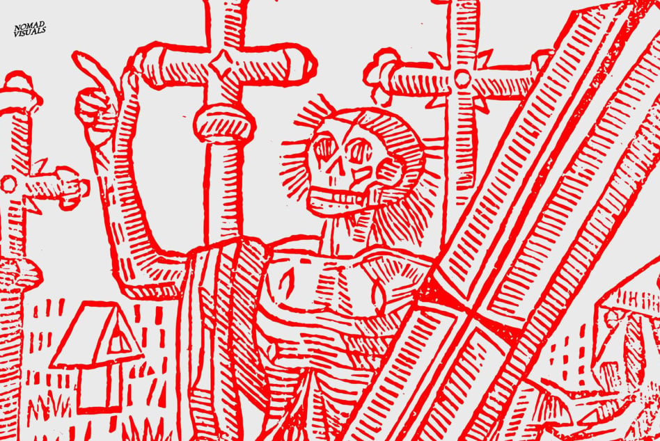 Red line drawn anatomical architectural cross section with skeleton in center