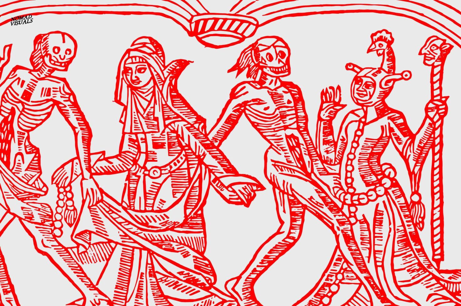Red line illustration of skeletal figures with ornate headdresses in celebration