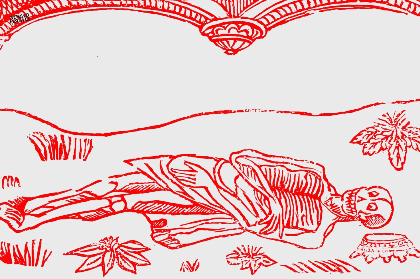 Red line drawing showing skeleton in flowing robes with decorative crown details
