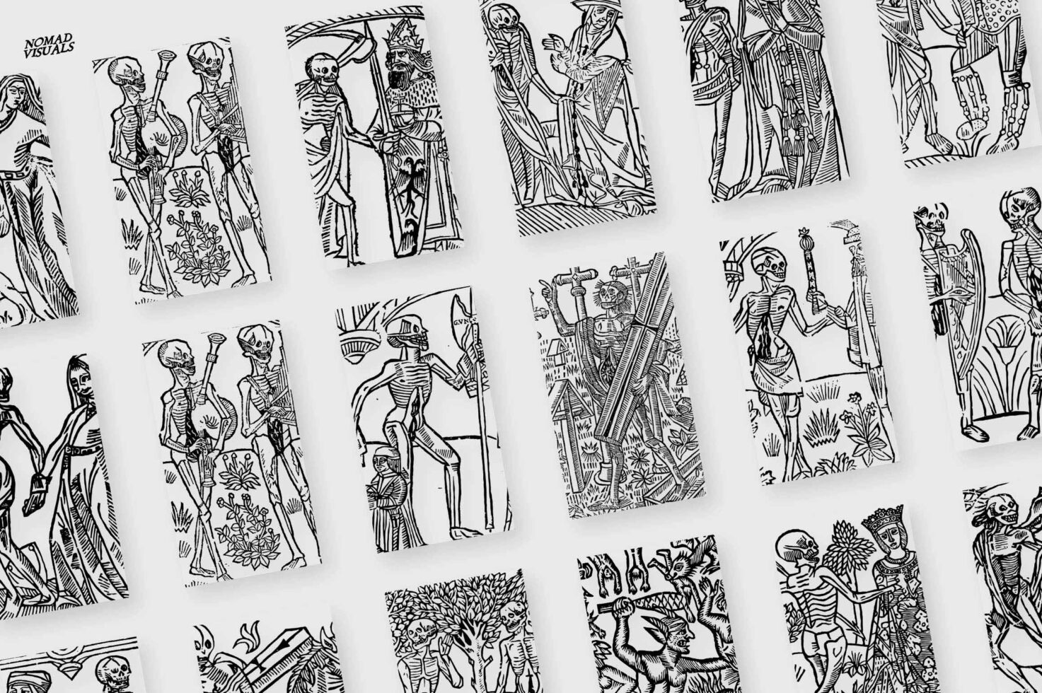 Collection of tilted skeleton engravings with period clothing in various poses