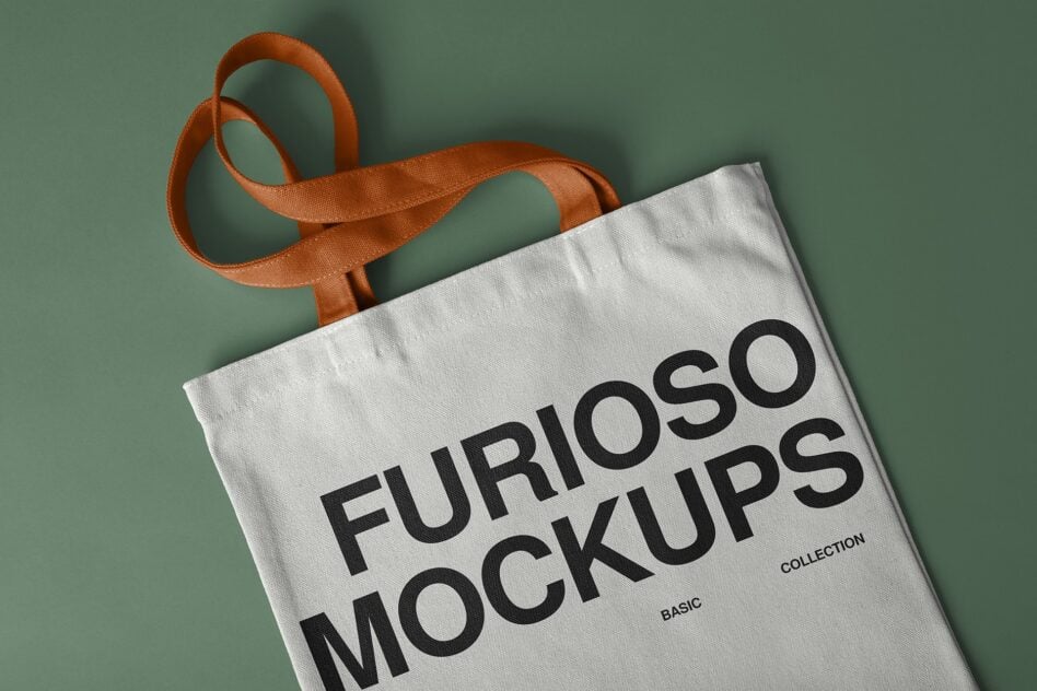White canvas tote with rust orange handles showing FURIOSO MOCKUPS text