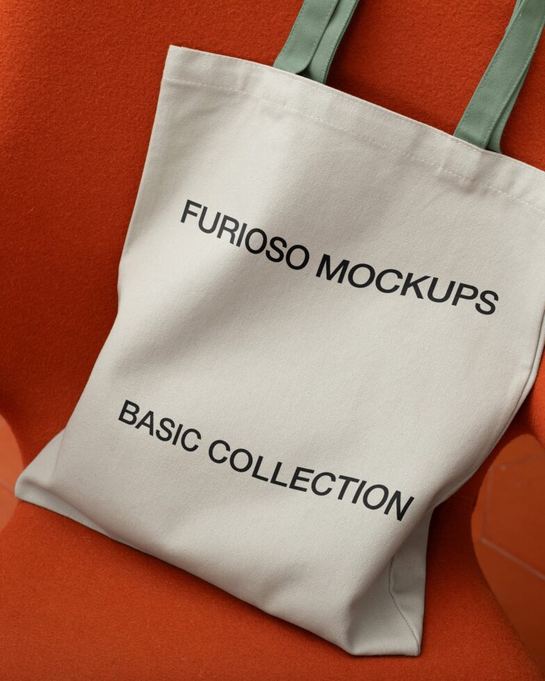 Natural cotton tote with green handles showing Furioso Mockups Basic Collection on red