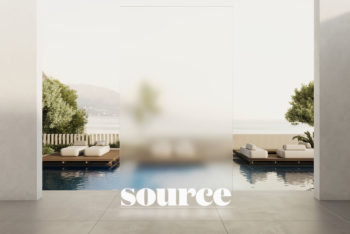 Luxury poolside mockup with white curved loungers, wooden deck, lush greenery, lake view in background
