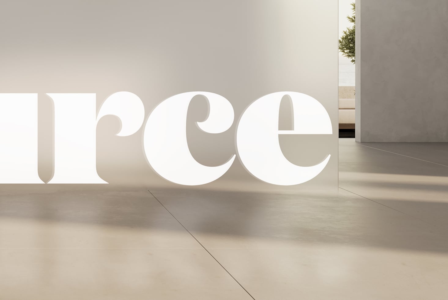 Large white letters with deep shadows in spacious contemporary room with entry