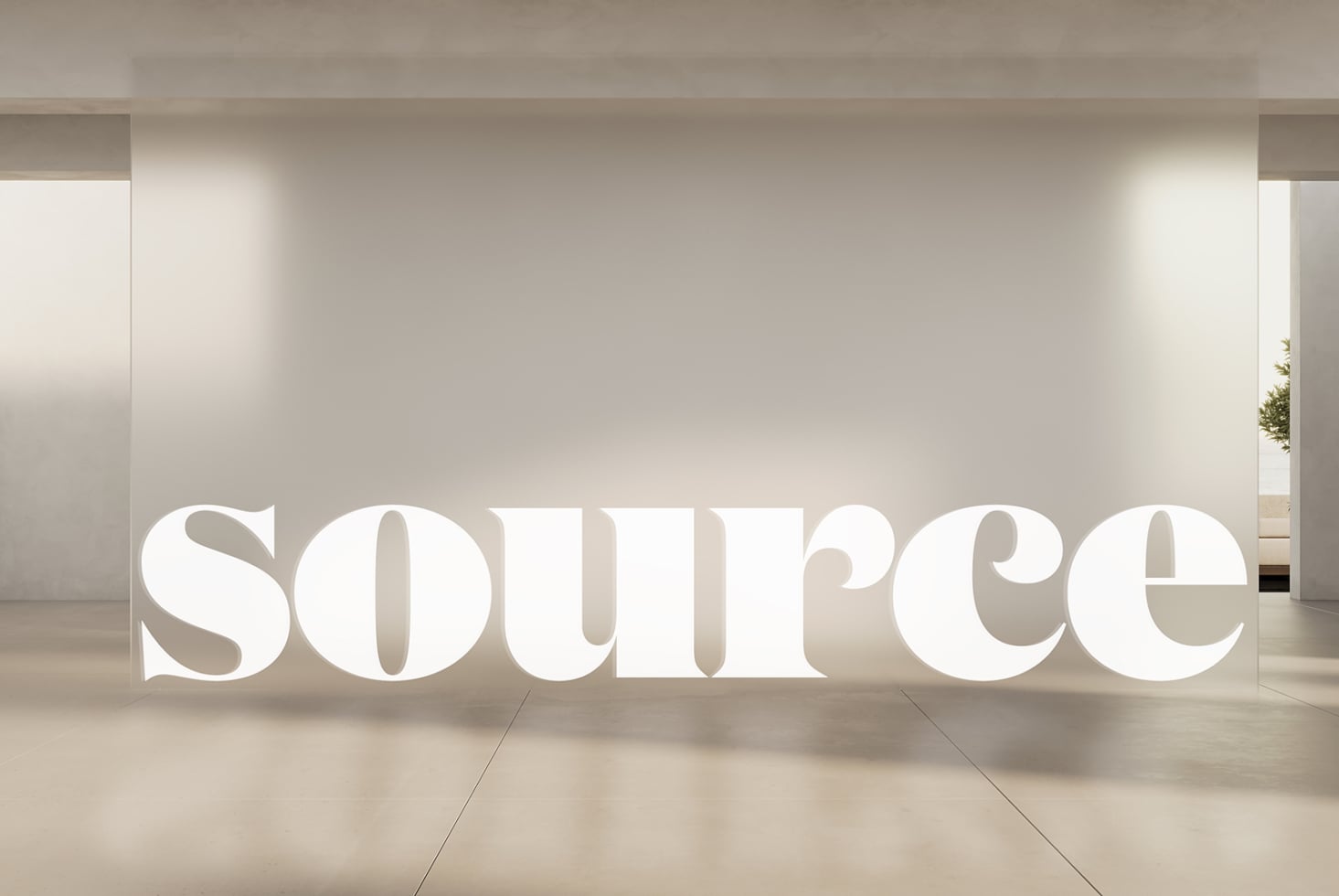 Sculptural white text displayed in clean minimal hallway with side lighting