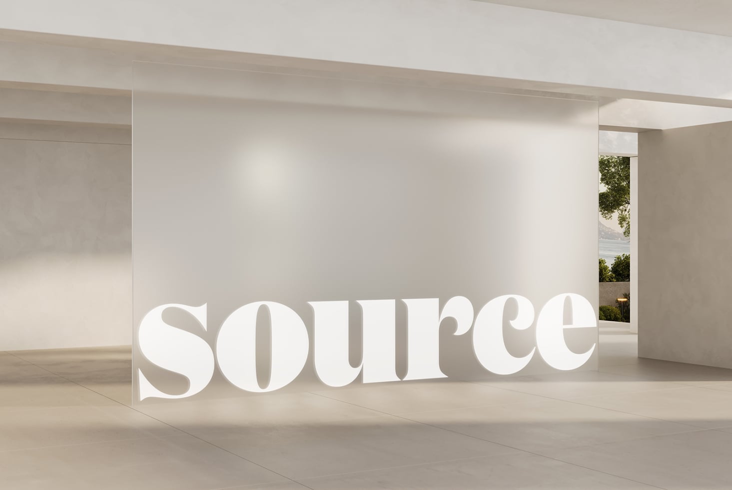 Bold white typography installation in modern interior with soft ambient lighting