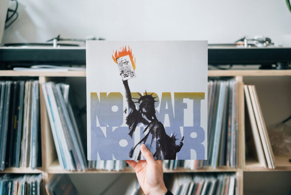 Protest poster mockup with burning document, bold typography reading liberty