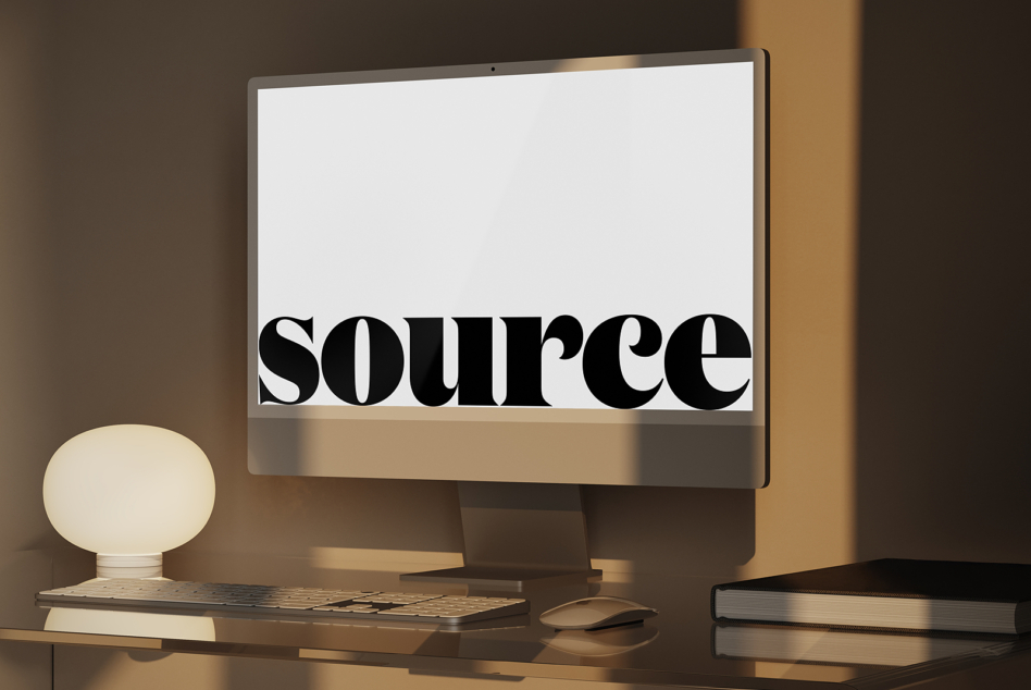 Desktop monitor displaying bold black serif typography on white background with warm studio lighting